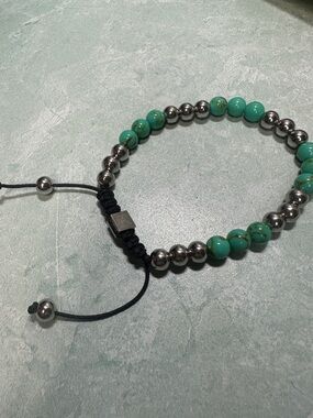 Rustic Cuff Turquoise Bead & Stainless Steel Adjustable Bracelet